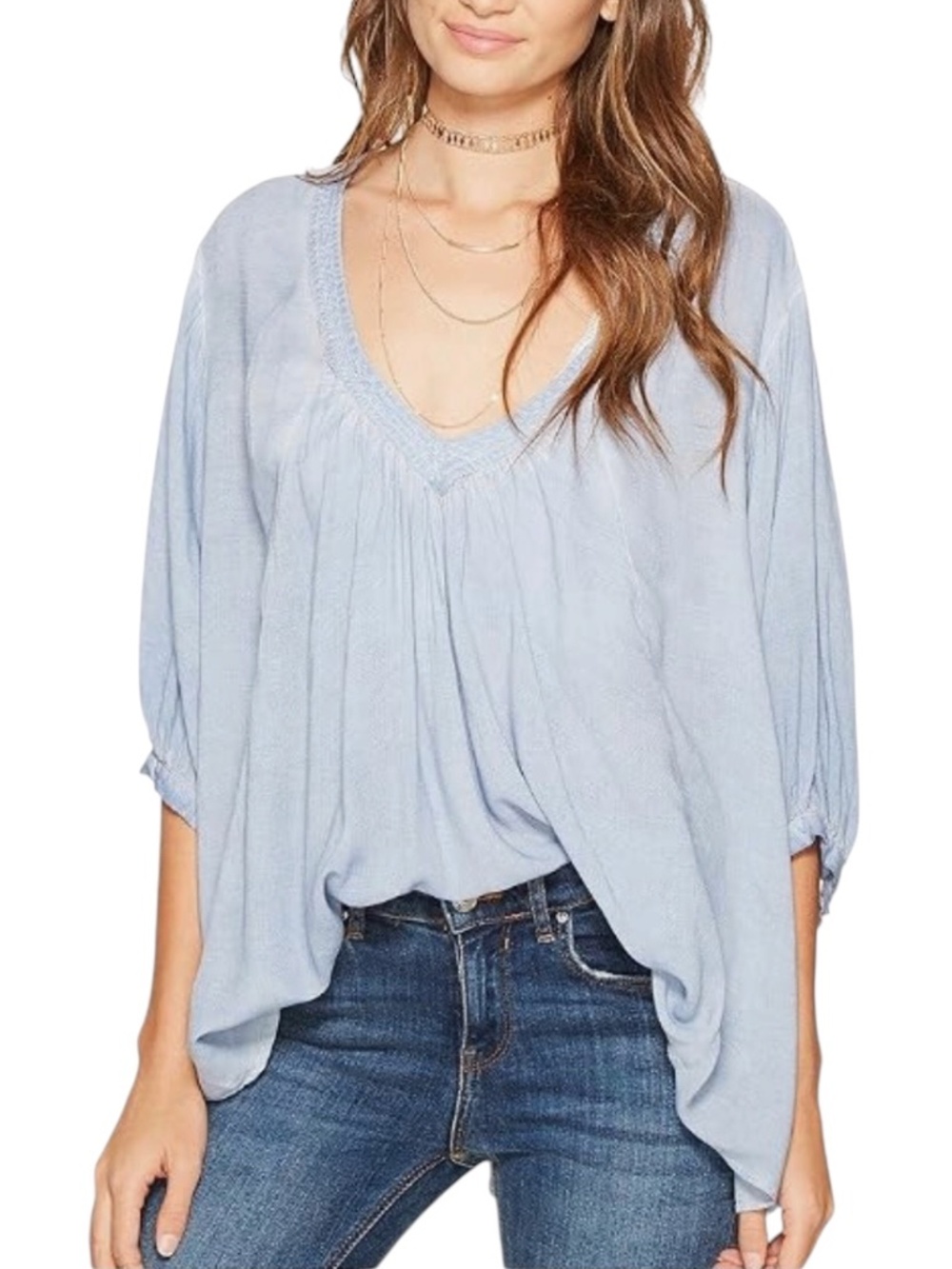FREE PEOPLE CATCH ME IF YOU CAN LIGHT BLUE OVERSIZED SWING BOHO PEASANT BLOUSE